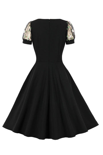 1950s Vestido Negro Con Mangas Cortas